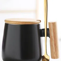 BonZeaL Black & Brown Solid Ceramic Matte Mug with Wood Lid Steel Spoon 385 ml-picture-19