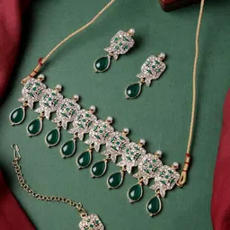 Sukkhi Gold-Plated American Diamond-Studded & Beaded Necklace With Earrings And Maang Tika-image-54