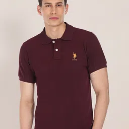 u.s. polo assn. U S Polo Assn Men Maroon Brand Logo Printed Pure Cotton Polo Collar Slim Fit T-shirt-picture-15