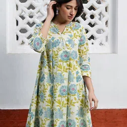 Janasya Floral Printed Mandarin Collar Pure Cotton Pleated A-Line Tunic-picture-36