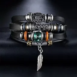 MEENAZ Unisex Leather Oxidised Silver-Plated Beaded Multistrand Bracelet-picture-24