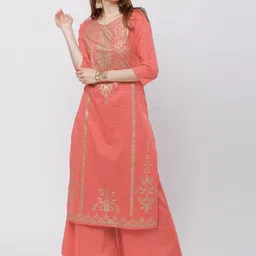 Vishudh Women Coral & Gold-Toned Printed Kurta with Palazzos-image-32