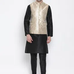 VASTRAMAY Mandarin Collar Regular Kurta With Dhoti Pants & Nehru Jacket-picture-16