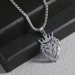 FIMBUL Men Silver-Plated Stainless Steel Lion Head Pendant & Chain-picture-47