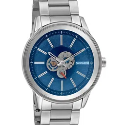 Sonata Blue Brass Skeleton Dial & Silver Toned Bracelet Style Analogue Watch 7133SM02-picture-31