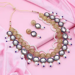 Sukkhi Gold-Plated White & Blue Kundan-Studded Beaded Enamelled Jewellery Set-picture-15