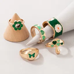 YouBella Set of 5 Gold-Plated Green Enamelled Rings-picture-33
