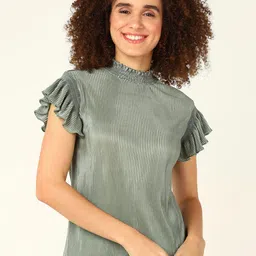 DressBerry Olive Self Design High Neck Flutter Sleeve Top-image-88