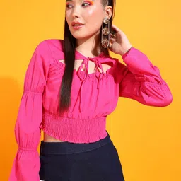 fuchsia PRETTY LOVING THING Pink Tie-Up Neck Bell Sleeve Top-picture-10