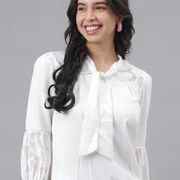 Latin Quarters Tie-Up Neck Cuffed Sleeves Top-image-85