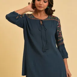 W Teal Blue Tie-Up Neck Regular Top-picture-35