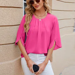 StyleCast Pink Pleated Three-Quarter Sleeves Regular Top-image-85
