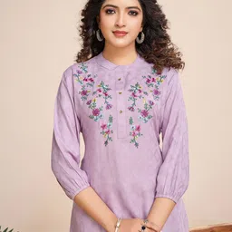 MOJILAA Floral Embroidered Mandarin Collar Puff Sleeve A-line Top-picture-39