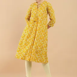 Soch Women Mustard Yellow & White Ethnic Motifs Keyhole Neck Cotton Straight Kurta-picture-36