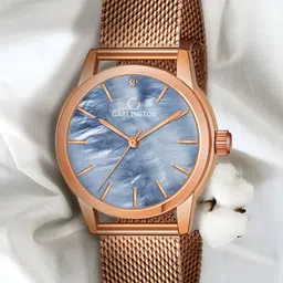 CARLINGTON Women Blue Embellished Dial & Rose Gold Toned Stainless Steel Bracelet Style Straps Analogue Watch-image-87