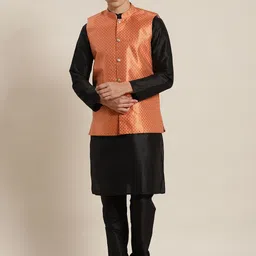 SOJANYA Men Black & Orange Solid Kurta with Churidar & Patterned Nehru Jacket-picture-33