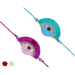 MASQ Pack Of 2 Purple & Blue Embellished Rakhis With Roli Chawal image 1