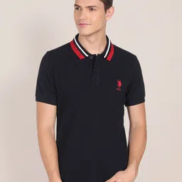 u.s. polo assn. U S Polo Assn Men Navy Blue Brand Logo Embroidered Pure Cotton Slim Fit Polo T-shirt-picture-35