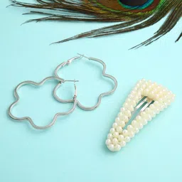 justpeachy Set of 2 Silver-Toned Contemporary Hoop Earrings & Clip Combo image 1