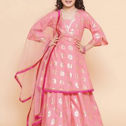 Bitiya by Bhama Girls Foil Printed V-Neck Lehenga & Blouse With Dupatta-picture-29