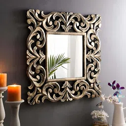 VAS collection home Brown Floral Patterned Wooden Wall Mirror-picture-47