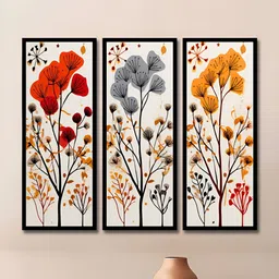 WENS Red & Yellow 3 Pieces Synthetic Wooden Floral and Botanical Paintings Wall Art-image-87