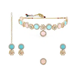 Zaveri Pearls Gold-Plated Kundan-Studded Necklace With Maangtika & Ring image 3