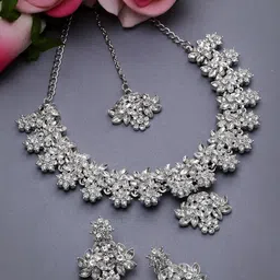 Sukkhi Rhodium-Plated American Diamond-Studded Jewellery Set With Maang Tika-image-77