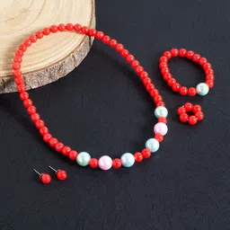 Golden Peacock Girls Red & White Beaded Jewellery Set-picture-18
