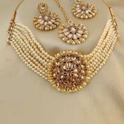 JMBW INTERNATIONAL Gold-Plated Kundan Stone-Studded & Pearls Beaded Jewellery Set-image-2