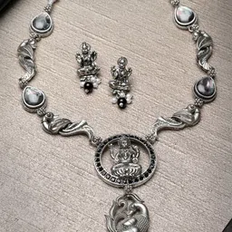 ADIVA Silver-Plated Stone & Pearls Peacock Shape Oxidised Temple Jewelley Set-picture-40