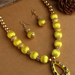 AKSHARA Women Yellow Stone-Studded & Beaded Silk Thread Jewelry Set-image-0