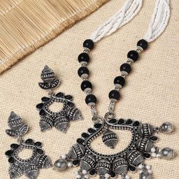 KARATCART Oxidised Silver-Plated Kundan Studded & Beaded Jewellery Set-picture-49