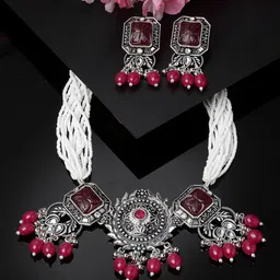 ADIVA Silver-Plated Studded And Beaded Oxidised Jewellery Set-picture-10