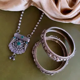 ATIBELLE Silver Plated Stones Studded & Beaded Bangles & Necklace Jewellery Set-picture-20