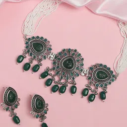 OOMPH Silver-Plated Stone Studded & Beaded Oxidised Choker Jewellery Set-picture-17