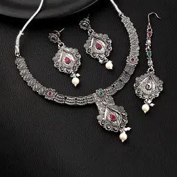 MANSIYAORANGE Silver-Plated Artificial Stones Studded & Pearls Beaded Jewellery Set-picture-12