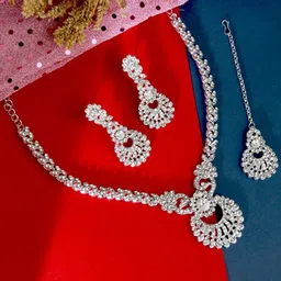 Atasi International Silver-Plated White Crystal-Studded Fancy Flower Design Jewellery Set-image-0