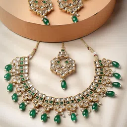 ADIVA Gold-Plated Kundan Stone Studded Necklace and Earrings With Maang Tika-picture-22