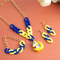 Golden Peacock Girls Gold-Toned Yellow & Navy Blue Unicorn Charm Jewellery Set-image-80