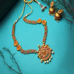 Adwitiya Collection Gold-Plated Stone-Studded Temple Jewellery Set-picture-38