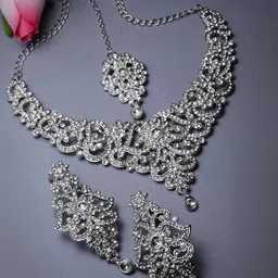 Sukkhi Rhodium-Plated American Diamond-Studded Necklace With Earrings And Maang Tika-picture-37