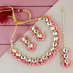 LUCKY JEWELLERY 18K Gold-Plated Kundan-Studded & Beaded Meenakari Jewellery Set-picture-34