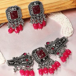 OOMPH Silver-Plated Oxidised Stone-Studded & Pearl Beaded Jewellery Set-picture-34