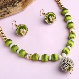 AKSHARA Girls Green & White Beaded Silk Thread Jewellery Set-image-12