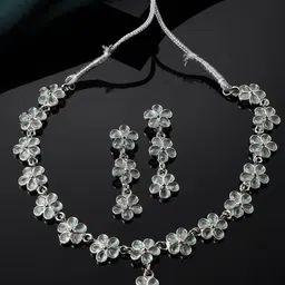 ZENEME Rhodium-Plated American Diamond Studded Necklace Earring Jewellery Set-picture-12