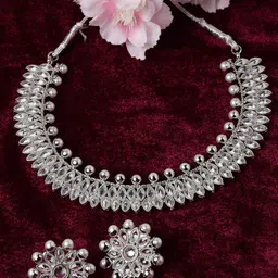 ZENEME Rhodium-Plated AD Pearl Studded Necklace Earrings Jewellery Set-image-71