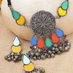 Moedbuille Silver-Plated Mirrors & Ghungroo Afghan Jewellery Set-picture-37