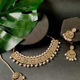 I Jewels Gold Plated Kundan Studded & Pearls Beaded Jewellery Set-picture-25