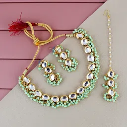 LUCKY JEWELLERY Gold-Plated Kundan Studded Necklace With Earrings & Maang Tika-image-92